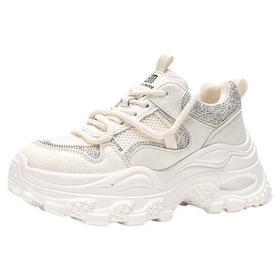 依思q厚底老爹鞋女软底增高2026春季新款水钻百搭轻便运动小白鞋