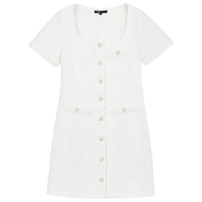 Maje春夏女装法式时尚简约白色方领单排扣短款修身直筒花呢连衣裙