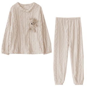 秋冬季珊瑚绒睡衣女冬款加绒加厚长毛绒小熊网红可外穿家居服套装