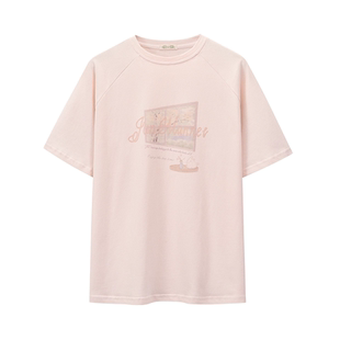JMwomen粉色印花短袖T恤女夏纯棉半袖oversize宽松插肩袖长款上衣