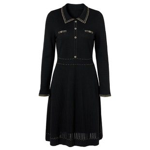 马天奴女装春秋新款黑色翻领收腰长袖针织连衣裙子小香风气质时尚