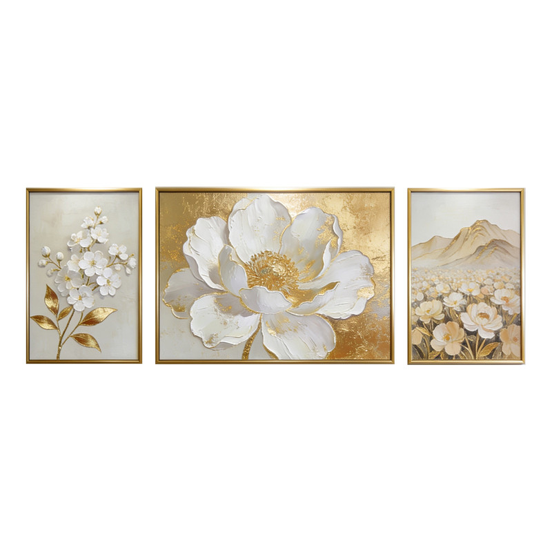 原创手绘油画现代简约花卉客厅装饰画立体金箔三联画轻奢壁画