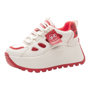 真皮内增高小白鞋女8cm厚底休闲鞋秋新款百搭超火防滑水钻休闲鞋