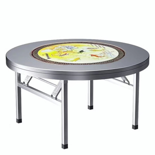 加厚不锈钢圆桌内置彩图色转盘桌子可折叠餐桌饭桌大圆台桌免安装