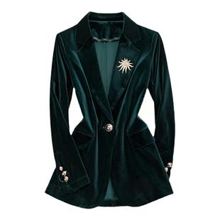 高端金丝绒套装女2025年春秋新款短款修身丝绒大码西服西装两件套