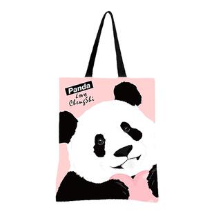 PANDAUU 原创大熊猫卡通可爱提袋休闲学生单肩包环保布包包 成实