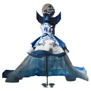 欣入荷儿童蓝色拖尾礼服女童青花瓷中国风车模模特走秀表演演出服