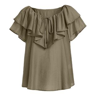 红袖2024夏季新款女装法式荷叶边两穿领套头上衣