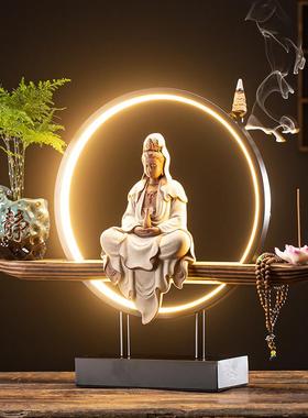 中式禅意摆件观世音菩萨佛像陶瓷家用灯圈客厅供奉倒流香玄关装饰