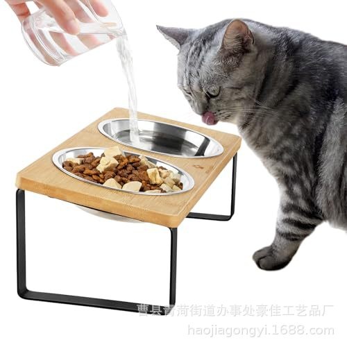 新款直销现货竹制猫碗架木质猫狗碗架双碗食盆架竹制宠物餐具宠物