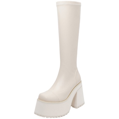 粗跟超高跟长靴弹力靴圆头防水台