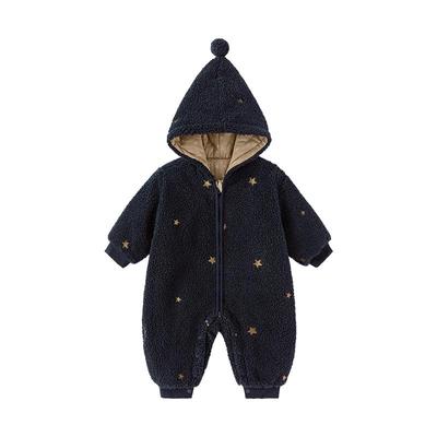 babylove婴儿夹棉连体衣冬季加厚保暖连帽哈衣宝宝刺绣毛绒外出服