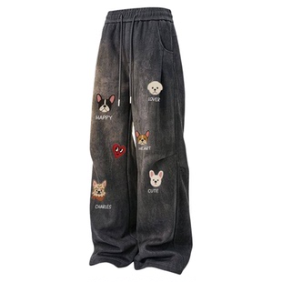 查尔斯桃心扎染褶皱小狗印花休闲裤男女冬季加绒加厚新款直筒裤子