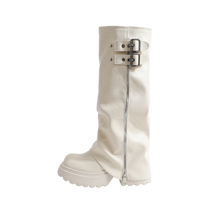 真皮~骄屿白色长筒靴不过膝辣妹裤管靴厚底设计感长靴高筒骑士靴
