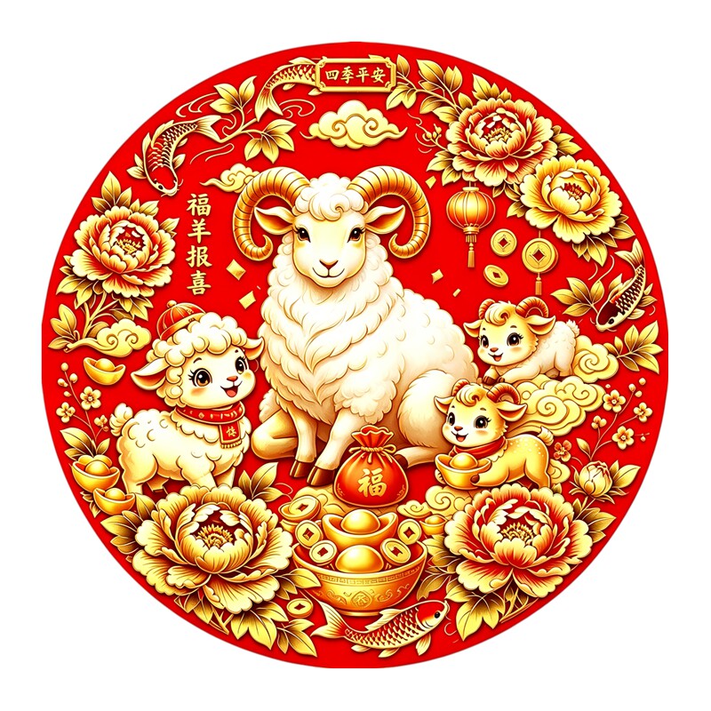 圆形福羊报喜墙贴贴纸大小萌羊牡丹锦鲤福袋四季平安防水新春贴纸