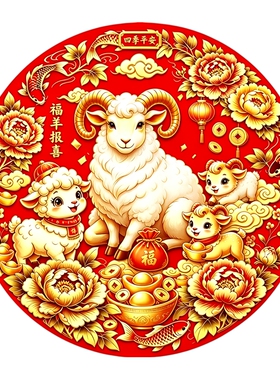 圆形福羊报喜墙贴贴纸大小萌羊牡丹锦鲤福袋四季平安防水新春贴纸