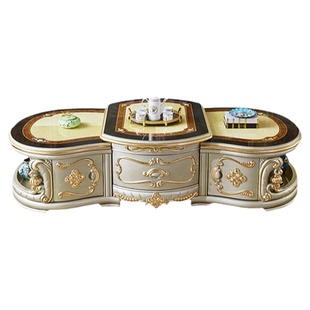 欧式实木茶几美式大别墅几何雕花大理石储物茶桌弧形茶柜奢华客厅