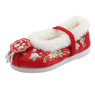 儿童棉鞋女童冬季加绒中国风汉服绣花鞋子百搭新年复古唐装古装鞋