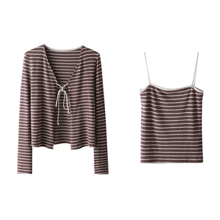 HAMYIHO 早春chill条纹吊带背心女针织开衫复古设计感显瘦两件套