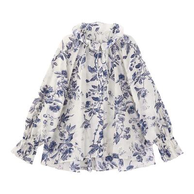 OWNSONG春日画廊 真丝棉浪漫印花A字宽松衬衫设计系带复古防晒衫