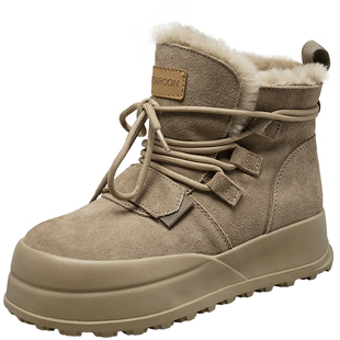 意尔康真皮系带雪地靴女2025冬款加绒加厚防滑东北保暖面包鞋棉鞋