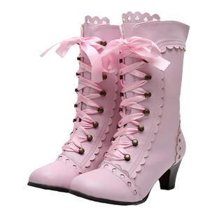 【扑克心愿】lolita洛丽塔复古系丝带圆头高粗跟甜美女靴子