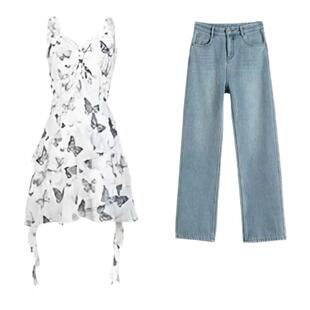 吊带碎花短裙子套装女阔腿牛仔裤夏季新款设计感法式不规则连衣裙