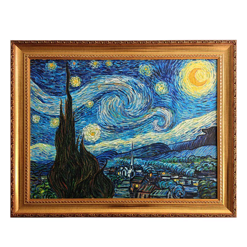 纯手绘梵高油画星空世界名画现代玄关客厅装饰画金色有框画可定制