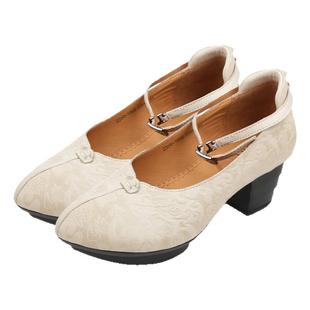 相伴真皮浅口单鞋女新款皮鞋粗跟复古羊皮民族风鞋子舒适女鞋