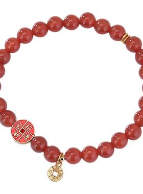 壹鹿银S925纯银镀金红玛瑙招财日富一日福袋万事胜意本命年红手链