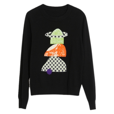 谜底套头针织衫女23春季新款复古可爱图案圆领合身毛衫231MZ0307