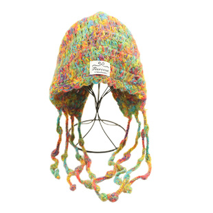 彩虹户外保暖休闲包头帽子女秋冬季百搭手工针织流苏辫子毛线帽潮