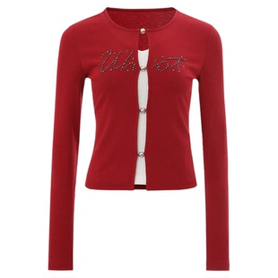 uhot/诱货26春红色烫钻假两件T恤复古撞色短款上衣甜酷UWLS1N614M