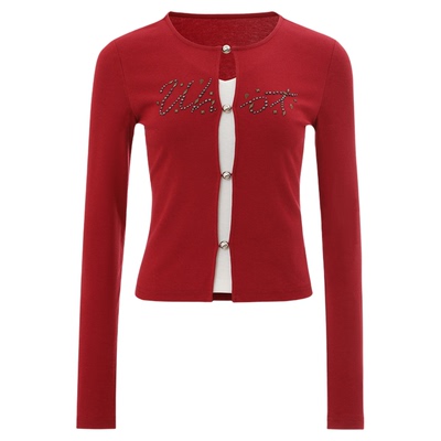 诱货红色烫钻假两件短款T恤