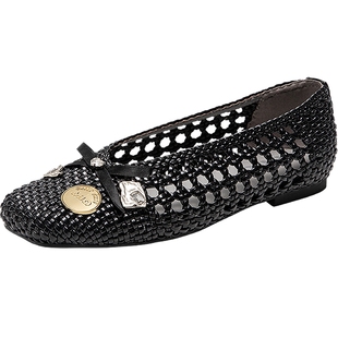 MIO米奥春夏浅口单鞋女圆头轻便渔夫鞋平底镂空凉鞋金币编织鞋