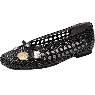 MIO米奥春夏浅口单鞋女圆头轻便渔夫鞋平底镂空凉鞋金币编织鞋