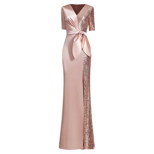 创意狐香槟色晚宴会主持人礼服长款修身名媛聚会连衣裙亮片鱼尾裙