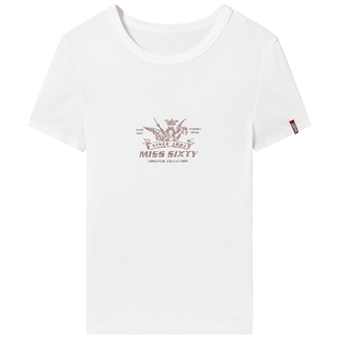 Miss Sixty2025秋季新款短袖T恤女圆领正肩显瘦修身复古印花上衣