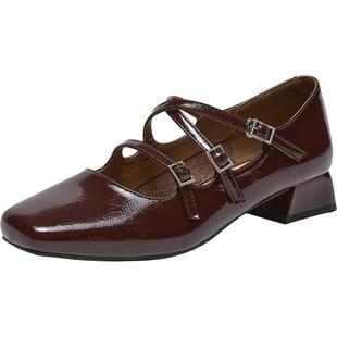 百思图2026春季新款复古法式扣带玛丽珍鞋方头粗跟女单鞋R6283AQ6