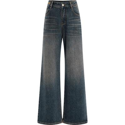 KBNE磨毛做旧牛仔裤高腰直筒裤2025新款长裤气质阔腿裤秋冬女装