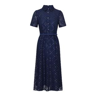 黛玛诗藏蓝色优雅连衣裙夏季新款通勤翻领短袖蕾丝裙(附腰带)