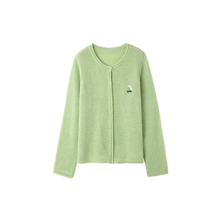 时然大码刺绣针织衫微胖女装春季新品甜美绿色系上衣小衫开衫韩版