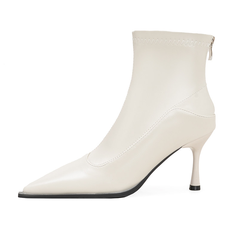 羊皮版~苏妃妃法式尖头短靴女细跟2025秋白色高跟后拉链百搭踝靴