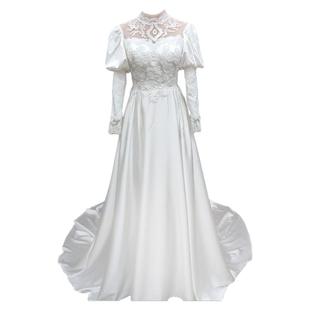 复古港风民国风缎面长袖古董轻婚纱写真旅拍婚纱照礼服裙出门纱