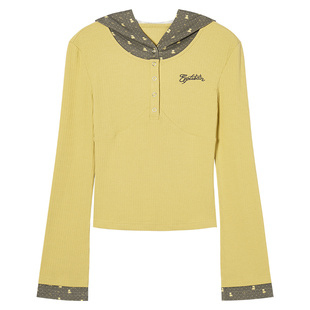 EPTISON毛针织衫女2025秋季新款修身复古撞色连帽假两件T恤短上衣