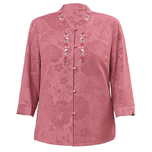 真丝女款衬衣桑蚕丝上衣母亲节妈妈夏装套装老年人衣服国风衬衫女