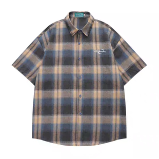 HTTAOSUP美式复古撞色格子防晒衬衫男女短袖宽松休闲薄款衬衣外套