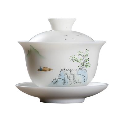 160ml素烧猪油白纯手绘三才盖碗