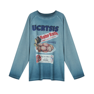 周里物出品「时光饼干」2025秋季新款慵懒风怀旧曲奇印花长袖T恤