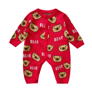 新年婴儿服红色周岁男宝宝过年喜庆衣服针织加绒连体衣拜年服秋季